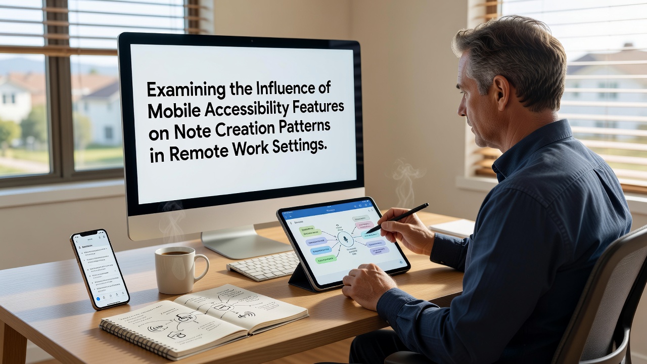 Remote worker using tablet with accessibility settings active to create structured notes during a virtual meeting