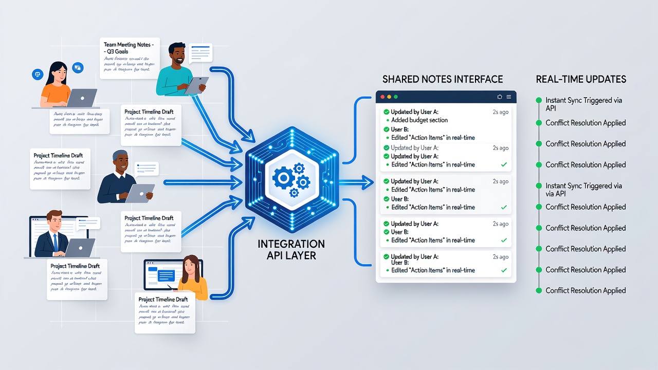 Illustration of server clusters processing API requests for synchronized note updates among distributed users