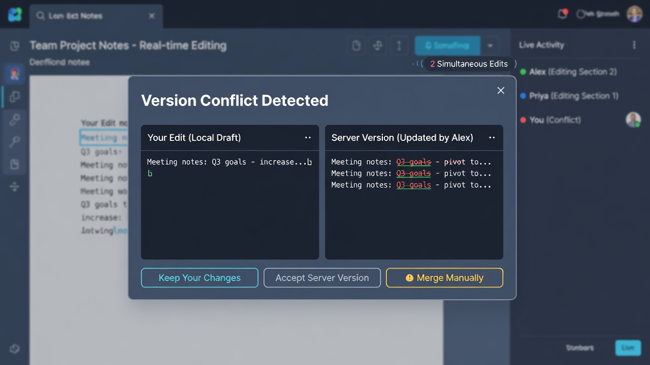 Screenshot of a collaborative note interface displaying conflict resolution options and version history panel